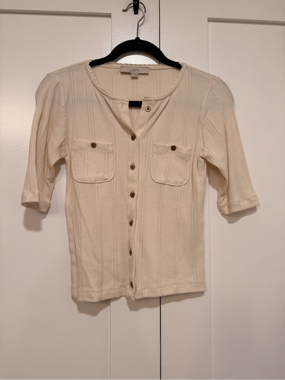 LOFT Cream Button-Front Knit Top